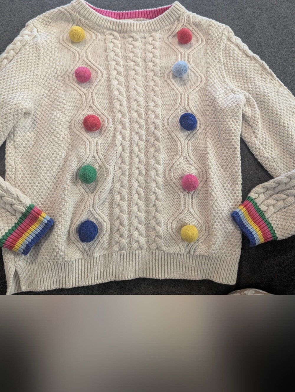 Mini Boden Cream Cable Knit Sweater with Rainbow Pom-Poms